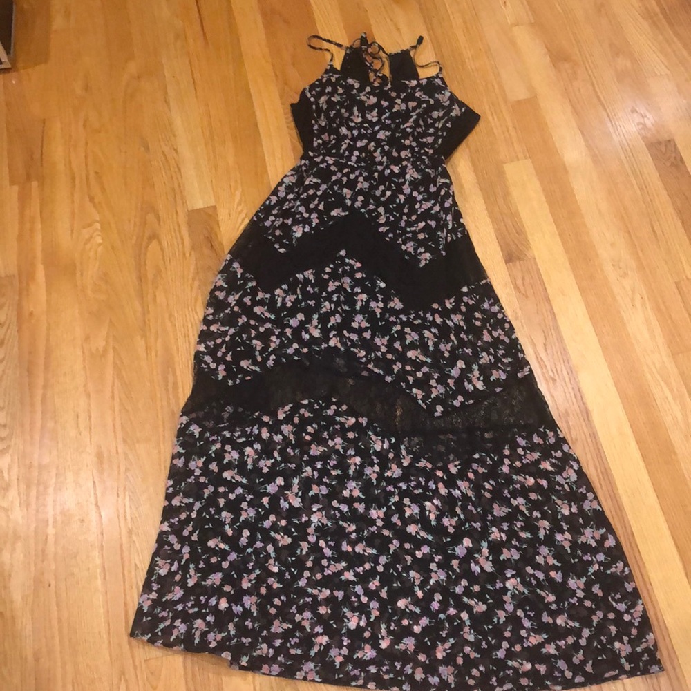 Full Length Black Floral Dress With Pink Roses